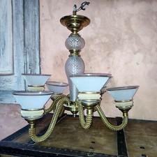 Beau lustre Boris LACROIX C.1930 6 feux bras bronze laiton verre pointe diamant