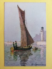 cpa Illustration Aquarelle CANNES SIGNÉE louis GERMAIN Bateaux de Pêche Phare