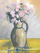 Bouquet De Fleurs Dans Un Vase, Gouache Signée Et Datée 1949, Peinture, XXe