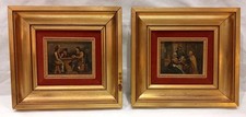 PAIRE DE TABLEAUX ANCIENS HUILE SUR BOIS SCENES TAVERNE MEDIEVAL 
