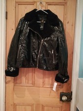 VESTE FEMME NOIRE BRILLANTE DOUBLÉE FOURRURE USÉE NEUVE AVEC ÉTIQUETTE TAILLE 16