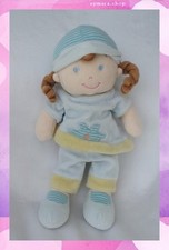 Doudou Poupée Bleu Bonnet Et Fleur Rayures Bleu Et Vert Mots D'Enfants