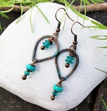 Idée Noël femme Boucles d'oreilles rustiques en cuivre, turquoise et cristal