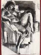 Jean-Claude CHARVET actif XXe.Nu assis,1975.Fusain.SBD.38x29.Cadre