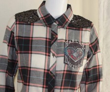 Nwt Harley Davidson Sz Petite M P M Sequin Flanelle Chemise Artistique Moto Haut