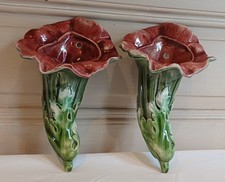 Paire Bouquetières en barbotine anciennes décor feuilles d'acanthe Art Nouveau