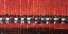 Tableau original peinture bateaux au port, décoration maison couleur rouge blanc