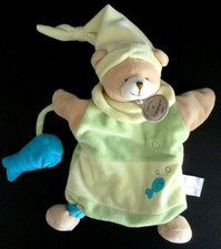 *. DOUDOU ET COMPAGNIE PLAT MARIONNETTE OURS VERT POISSON BLEU BONNET ETAT NEUF*