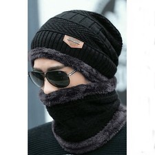 Ensemble 2 pièces Bonnet + Echarpe Tour de cou Fourrure chaude Hiver Noir