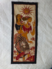 BATIK SRI LANKA CEYLON TWO LADIES LOTUS WALL ART DECOR 45cm wide by 108cm tall