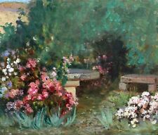 Tableau impressionniste paysage vue parc jardin fleuri fleurs banc table pierre