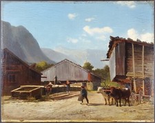 Ancien Tableau "Scène de Vie à la Montagne" Peinture Huile Antique Oil Painting