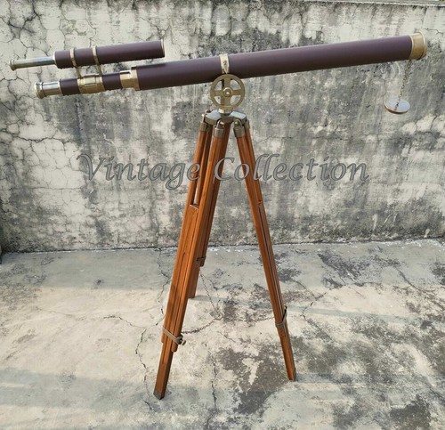 Ancien télescope cuir laiton