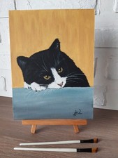 Peinture chat noir et blanc chat yeux verts oeuvre d'art huile 12 par 9 art...