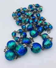 Collier En Verre Perlé Avec Chaîne En Feuille D'Antique Bleu Et Vert De Paon