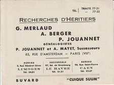 AB343 petit BUVARD Recherches d'Héritiers G MERLAUD a BERGER P JOUANNET Généalog