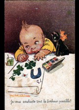 ENFANT Peintre & CHAT NOIR / TREFLE à 4 Feuilles PORTE BONHEUR illustré MAUZAN 