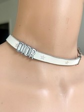 Dior D-Bee White Leather Charm  Bracelet Silver Tone Chocker Necklace 