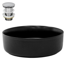 Vasque à poser lave-mains ronde noir céramique avec bonde de vidange Ø 36x12 cm