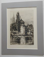 eau forte de Charles Pinet signée tour de la sorciere a Thann Thur passe partout