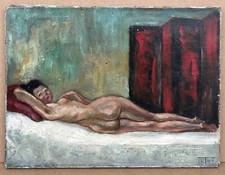 Tableau Ancien Huile Portrait Erotique Femme Nu Féminin Allongé Paravent Rouge