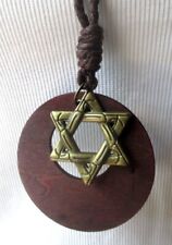 Collier Pendentif étoile de David bronze cordelette bois marron bijou vintage 66