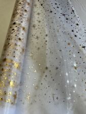 Tissu BLANC Organza ETOILES NOEL au mètre chemin de table OR ARGENT déco 150 cm