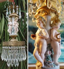 Vintage Bisque Porcelain Cherub grape Brass chandelier Swag hanging crystal lamp