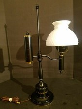 Vintage Table Desk Lamp Faux Oil Holder Arm Milk Glass Shade & Brass Accents