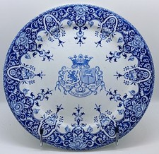 ANCIENNE ASSIETTE PLATE FAÏENCE DE GIEN DÉCOR BLEU LION CHEVREUIL BLASON CERAMIC