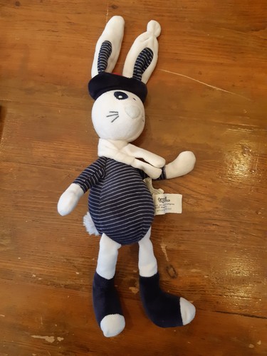 Doudou lapin blanc bleu rayé