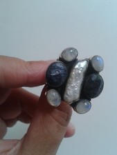 MAGNIFIQUE IMPOSANTE BAGUE SAPHIR NATUREL PIERRE DE LUNE BIWA ET ARGENT 925!!!