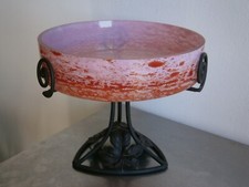 Coupe sur pied Art Déco Pâte de verre Stella Fer forgé 1930 Rose orangé Ancien