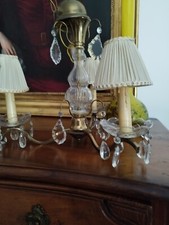 Ancien lustre plafonnier en bronze doré à pampilles cristal ou verre 3 Branches 