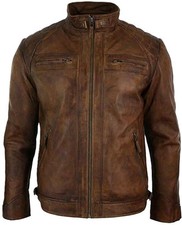 Blouson homme cuir véritable vintage moto marron vieilli manteau motard ancien