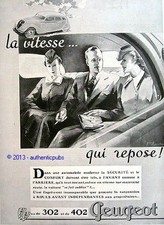 PUBLICITE AUTOMOBILE PEUGEOT 302 402 LA VITESSE SIGNE AGOSTINI DE 1937 FRENCH AD
