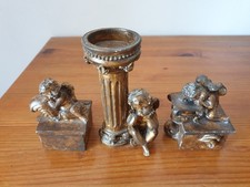 Adorable ensemble d'angelots en résine peinte bougeoir colonne et deux boites