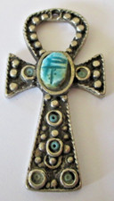 Pendentif croix de vie Ankh égyptienne couleur argent turquoise bijou vintage 92