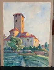 AQUARELLE signée PRADERE PARTHENAY DEUX SEVRES EGLISE MONSEMPRON LOT ET GARONNE