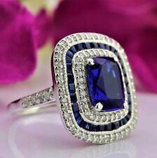 Bague de mariée 14,50 ct coussin saphir bleu double halo CZ en argent fin 925