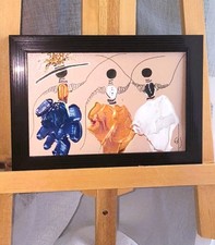 Tableau Abstrait Original encadré sous verre-Femmes- Bleu, Or, Blanc, Noir-Rare