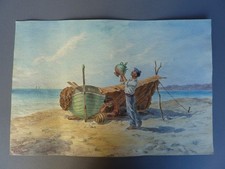 AQUARELLE ANCIENNE PECHEUR BAIE DES ANGES NICE SIGNEE AMBROSI 1902 PROVENCE