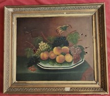 Superbe huile du  XIX e siècle " Nature morte aux fruits sur un entablement  "