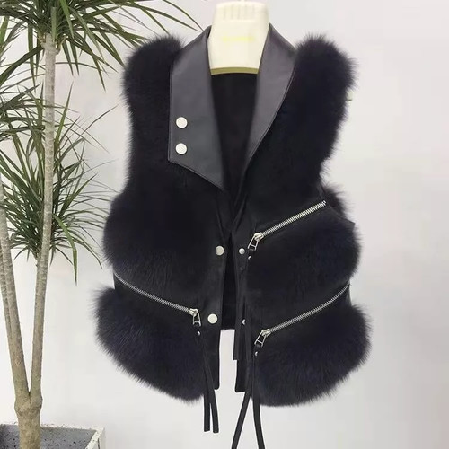 Gilet court noir fourrure - gilet,