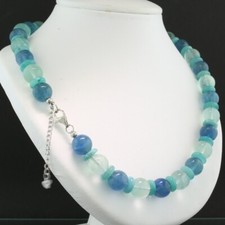 Collier En Vert Et Bleu En Boules De Fluorite Et De Quartz, Argent 925