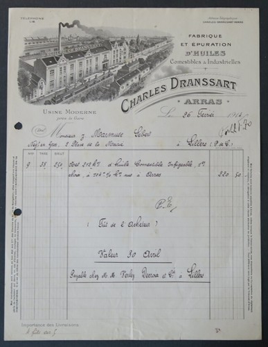 Facture 1914 epuration huiles - facture,