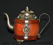 6 "antique Palais argent rouge Agate dragon tête bête Monkey vin théière