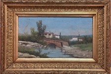 Ancien tableau Paysage au pont