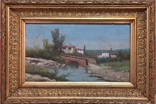 Ancien tableau paysage pont - tableau,