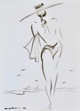 Claude VIETHO - Peinture originale - Aquarelle - Femme à la plage